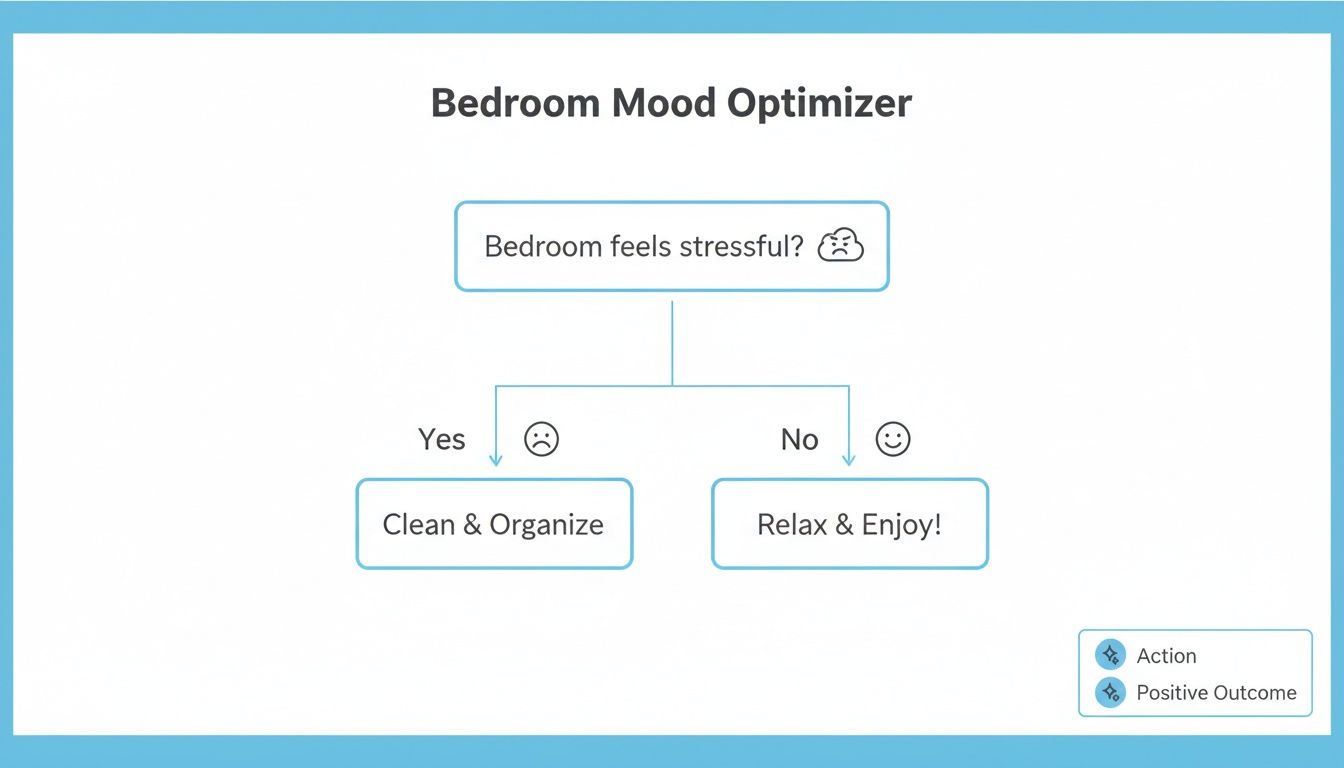A flowchart illustrating how to optimize bedroom mood, suggesting cleaning if stressful and relaxing if not.