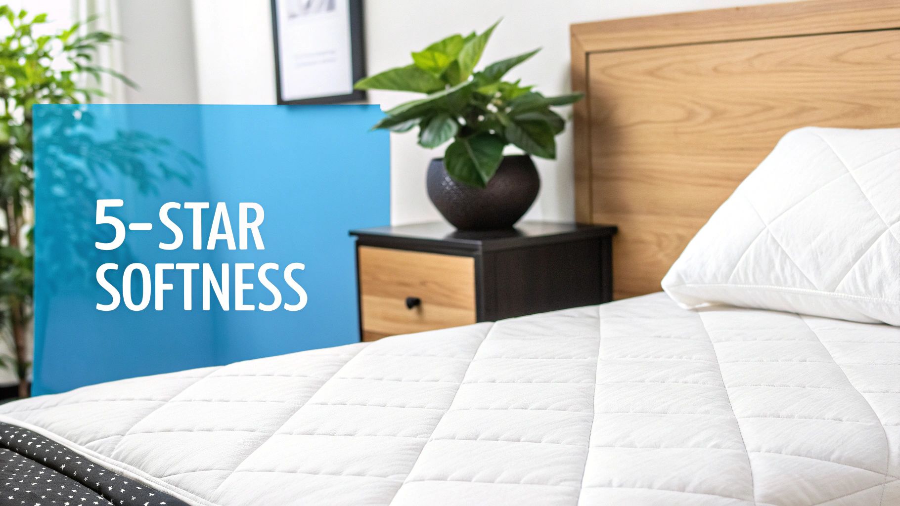 A comfortable bed featuring a white quilted mattress protector and pillow, suggesting 5-star softness.