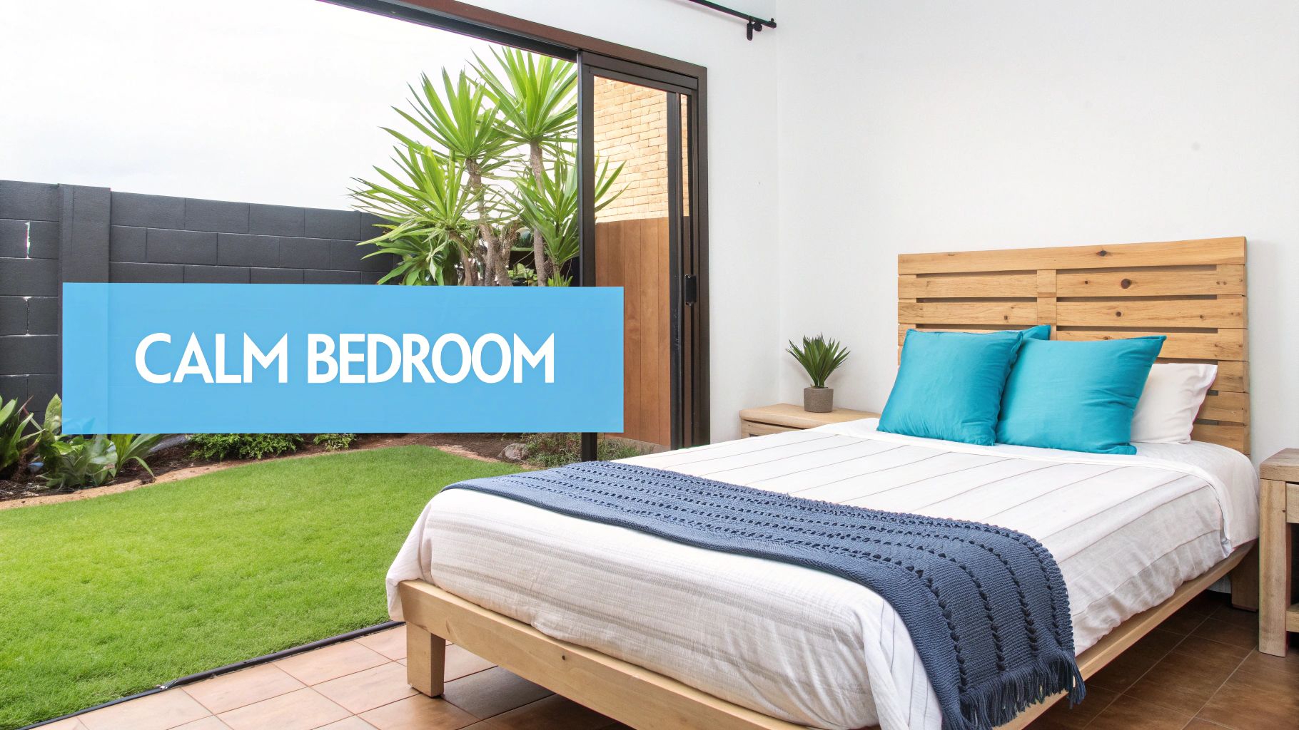 A calm bedroom featuring a wooden bed with blue pillows and a view of a green garden.