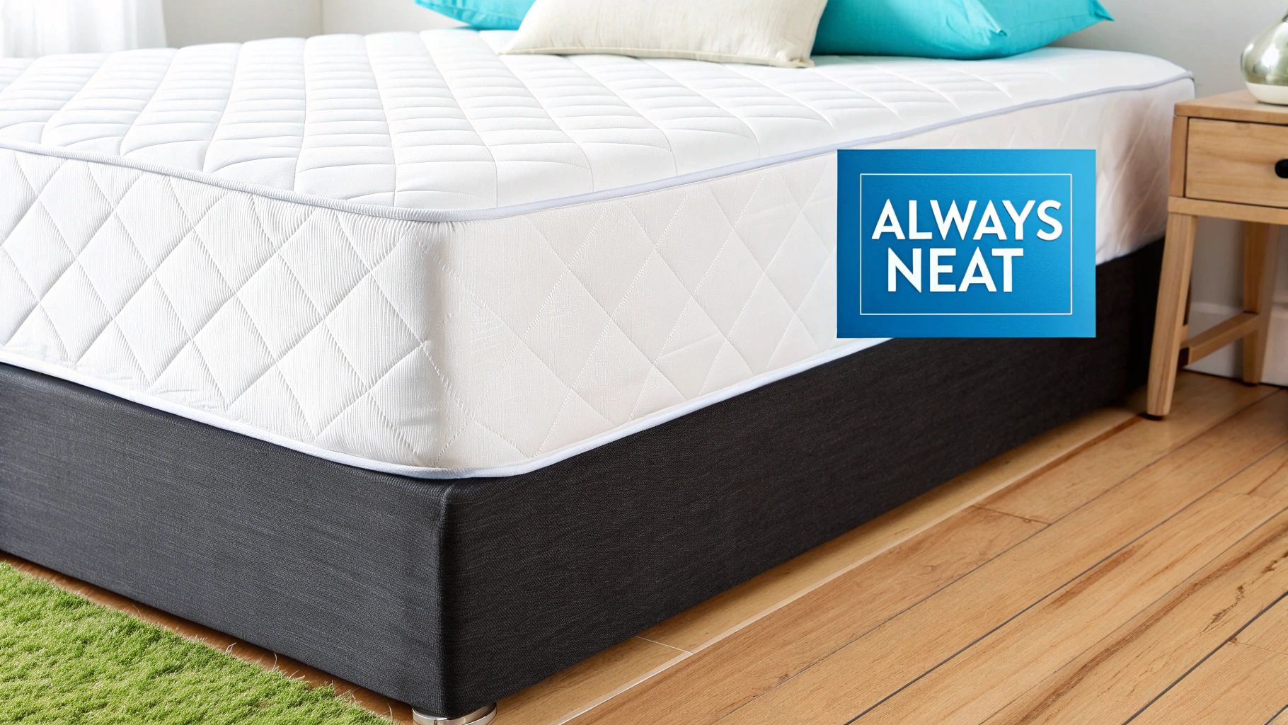 A clean white quilted mattress on a dark grey bed base, with turquoise pillows.