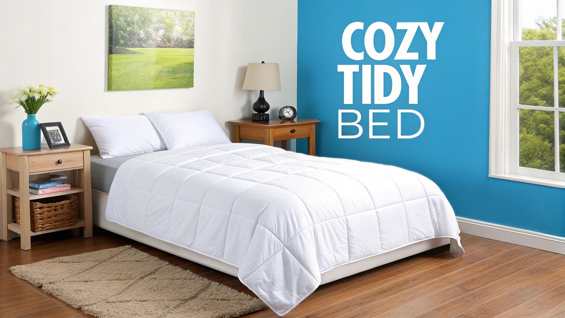 A cozy bedroom featuring a white down alternative twin comforter on the bed, two nightstands, and a window.