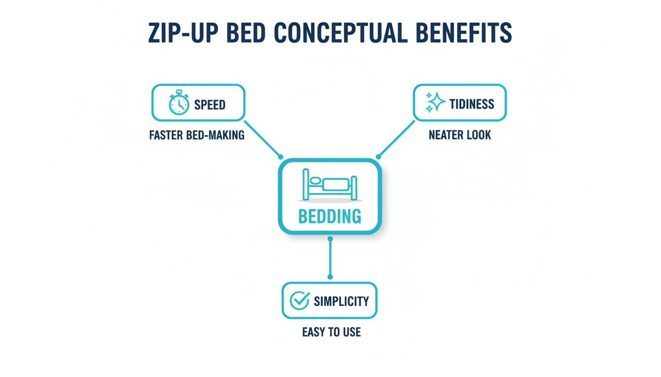 A conceptual diagram illustrating the benefits of zip-up beds: faster bed-making, tidiness, and ease of use.