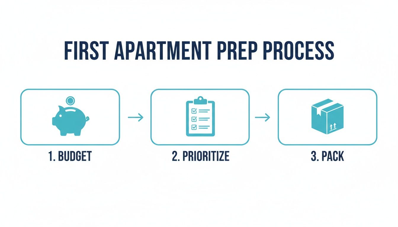 A visual guide showing three steps for first apartment preparation: budget, prioritize, and pack.