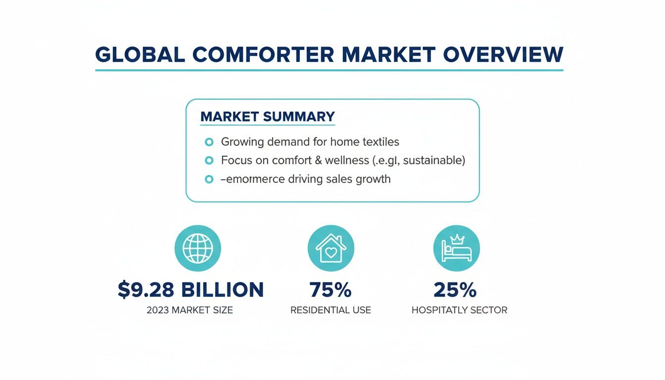 Global comforter market overview showing key statistics and summary points for 2023.
