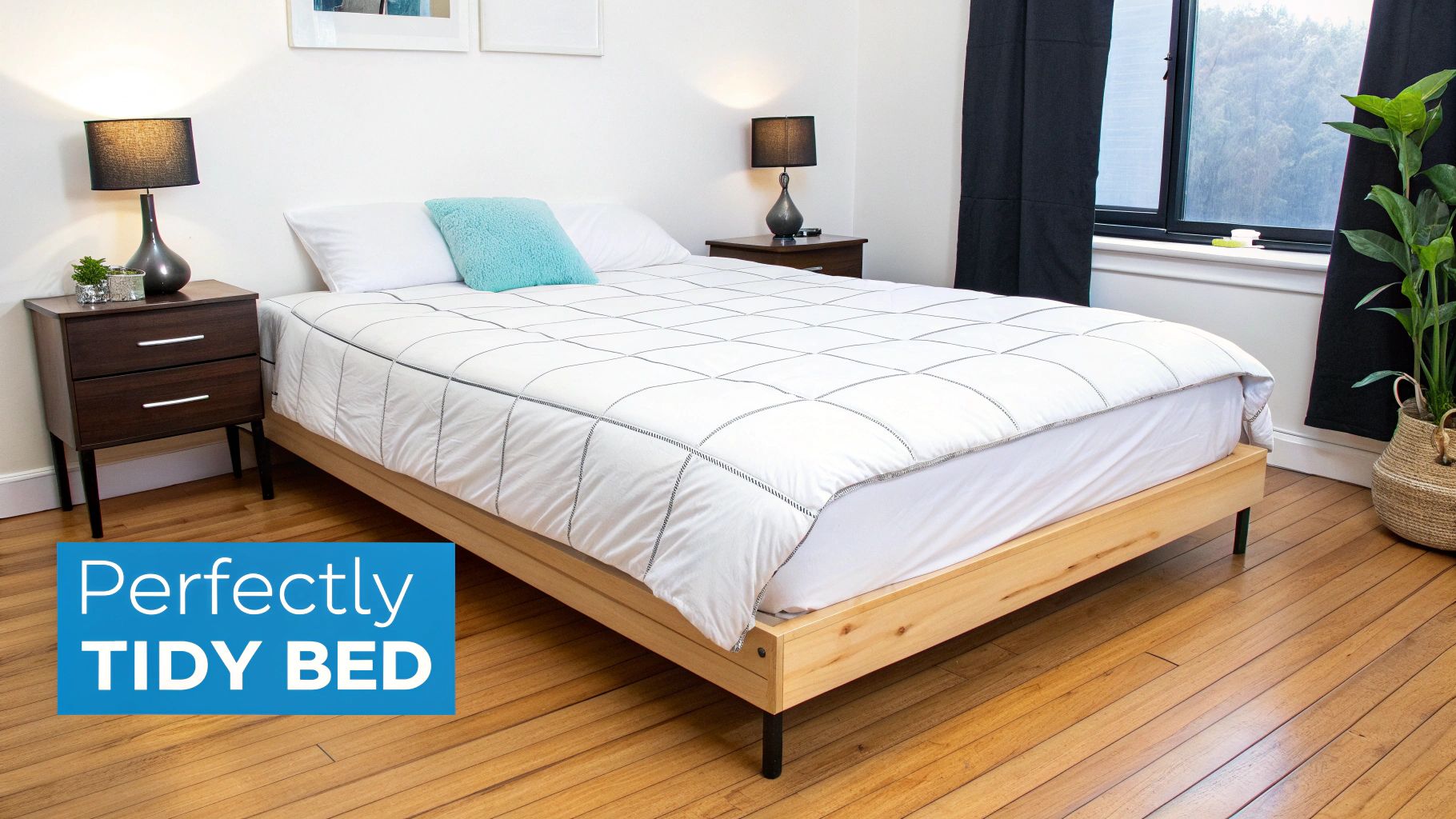 A perfectly tidy bed with white bedding, a light wood frame, and a cozy bedroom.