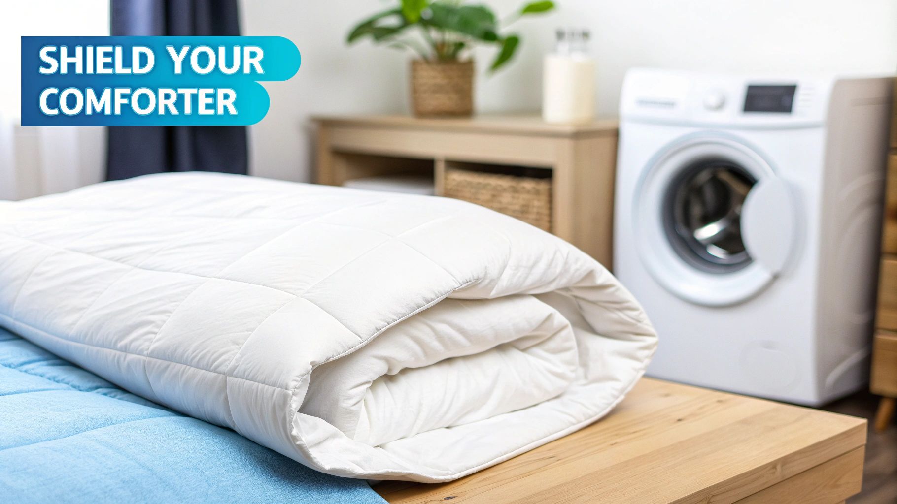 A fresh white quilted comforter is rolled on a blue bed with a washing machine nearby.