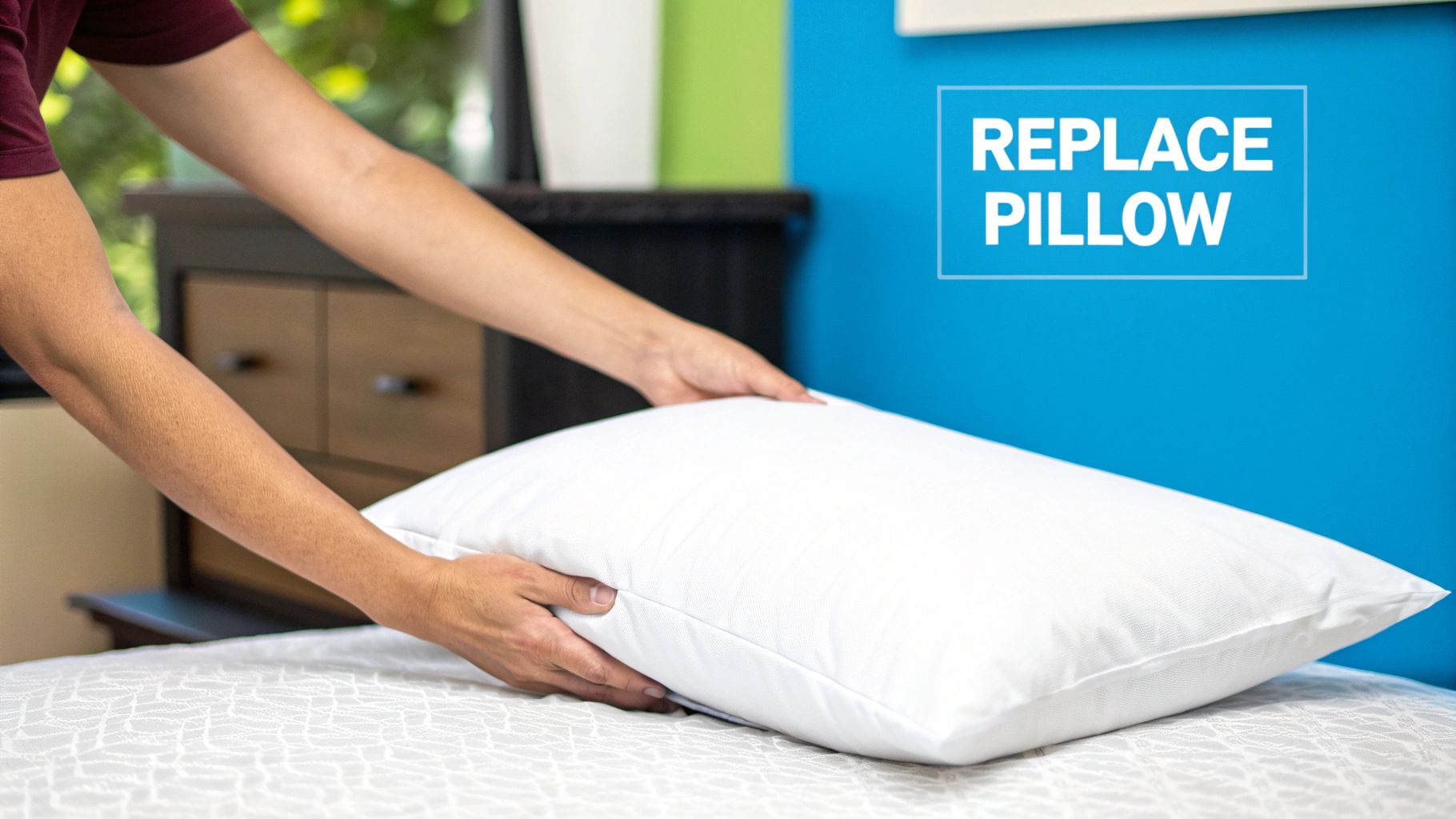 A person places a fresh white pillow on a bed, with a blue wall in the background showing "REPLACE PILLOW" text.