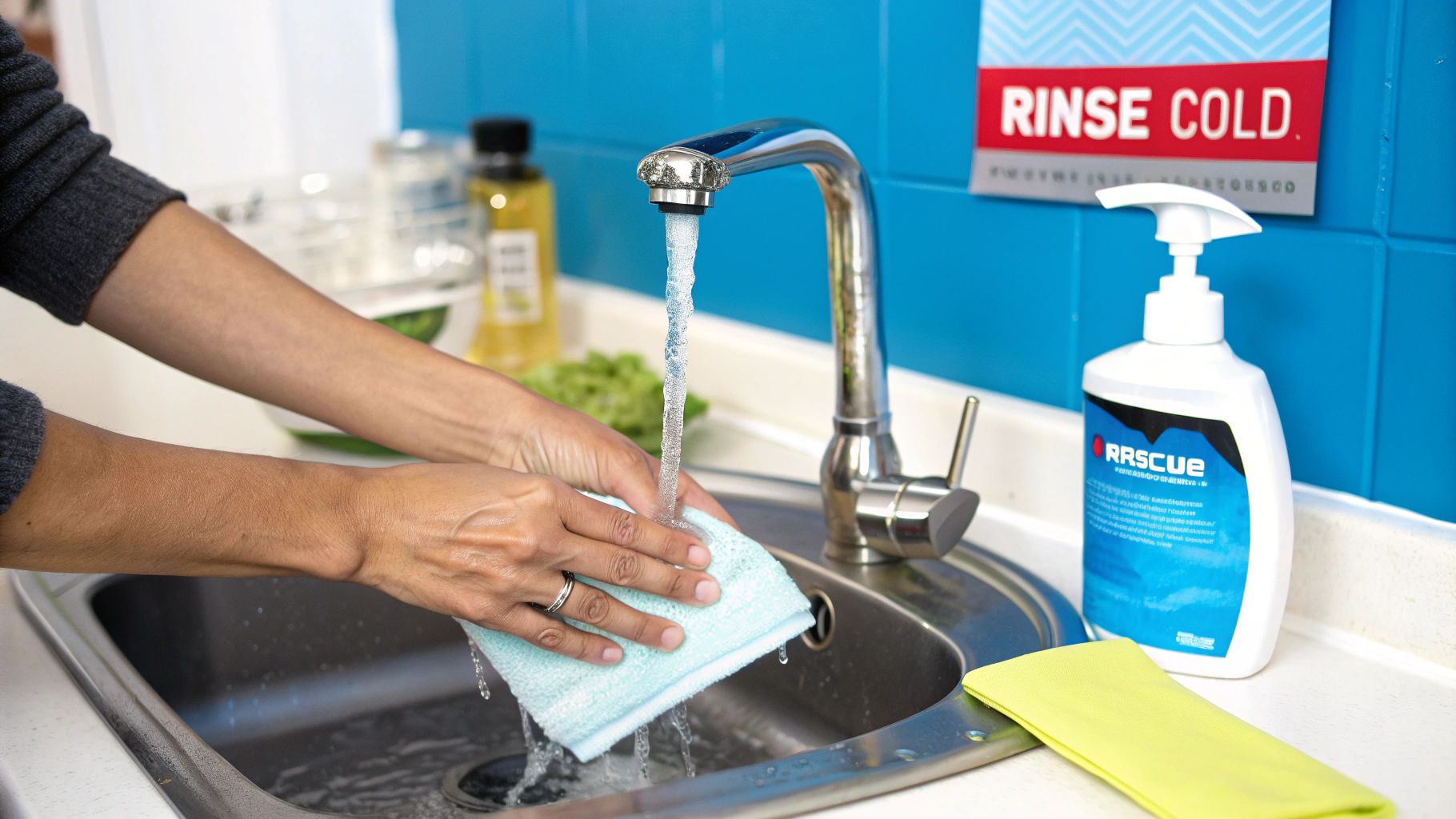 Hands rinsing a light blue cloth under cold running water in a kitchen sink, with soap.