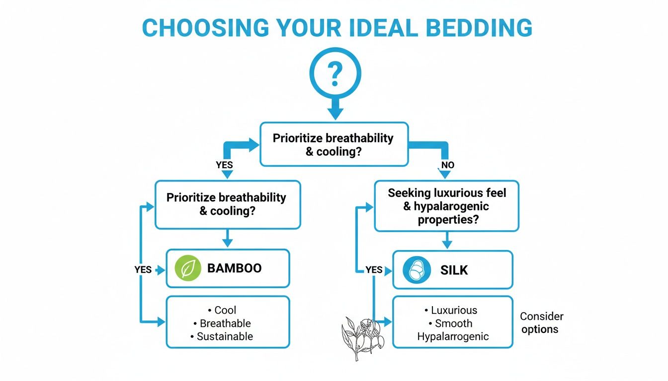Flowchart guiding ideal bedding choice: bamboo for cooling and breathability, silk for luxury and hypoallergenic.