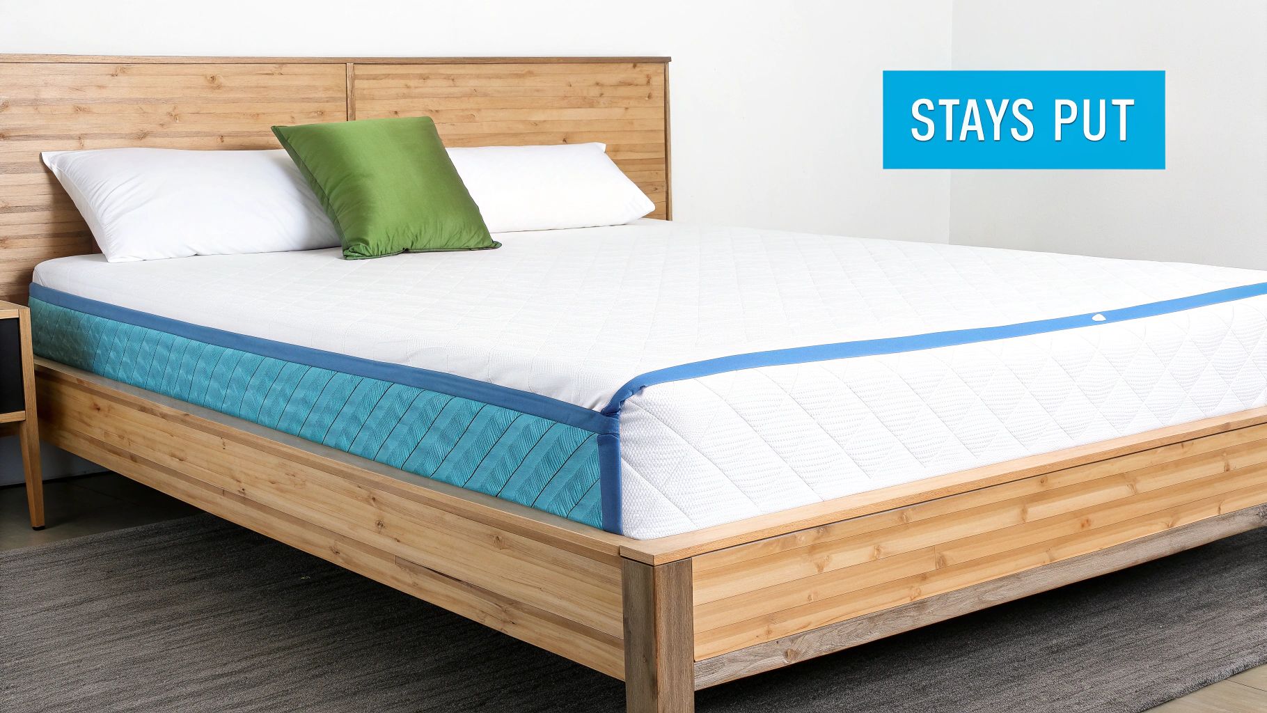 A white quilted mattress with a blue side panel on a modern wooden bed frame with pillows.