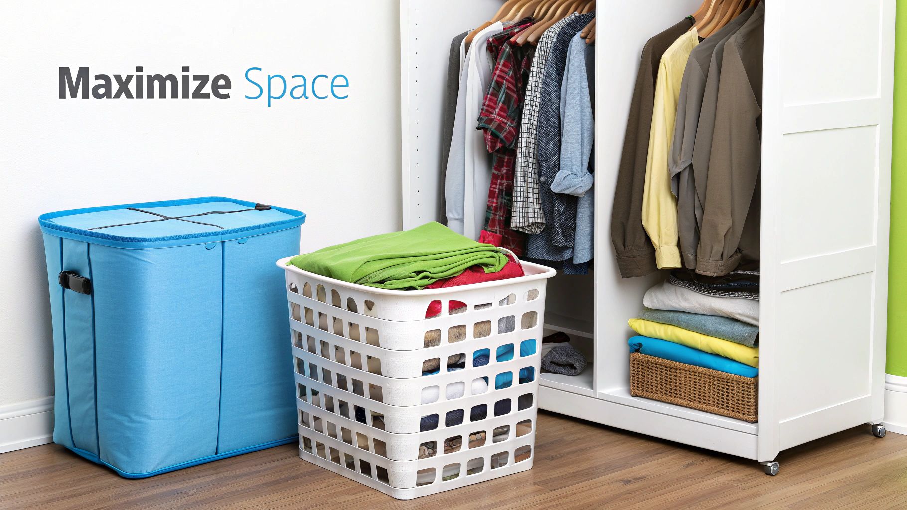 Dorm room essentials: blue laundry hamper, white baskets, and a neatly organized closet.