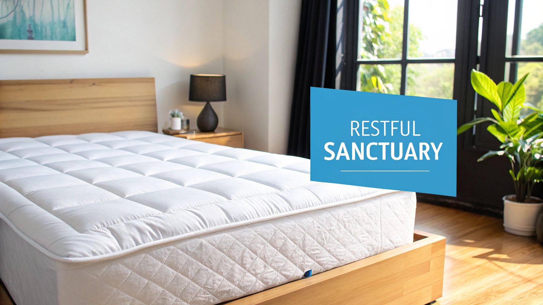 A plush white mattress topper on a wooden bed in a bright, modern bedroom.