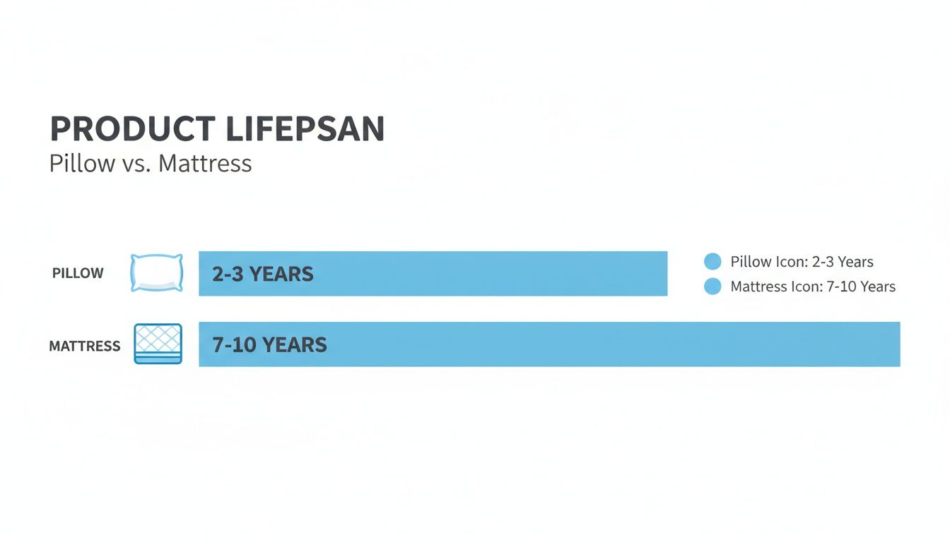 A bar chart illustrating the product lifespan of pillows (2-3 years) compared to mattresses (7-10 years).