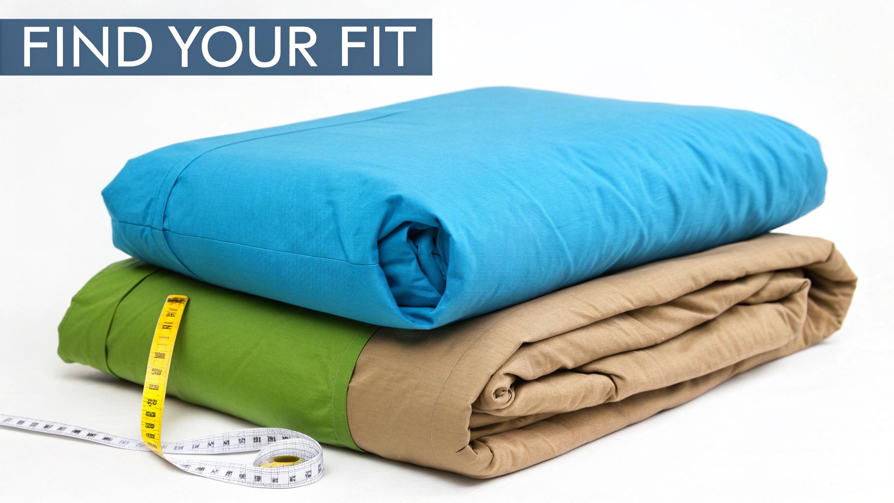 Two neatly folded comforters, blue and green/brown, with a measuring tape, emphasizing fit.