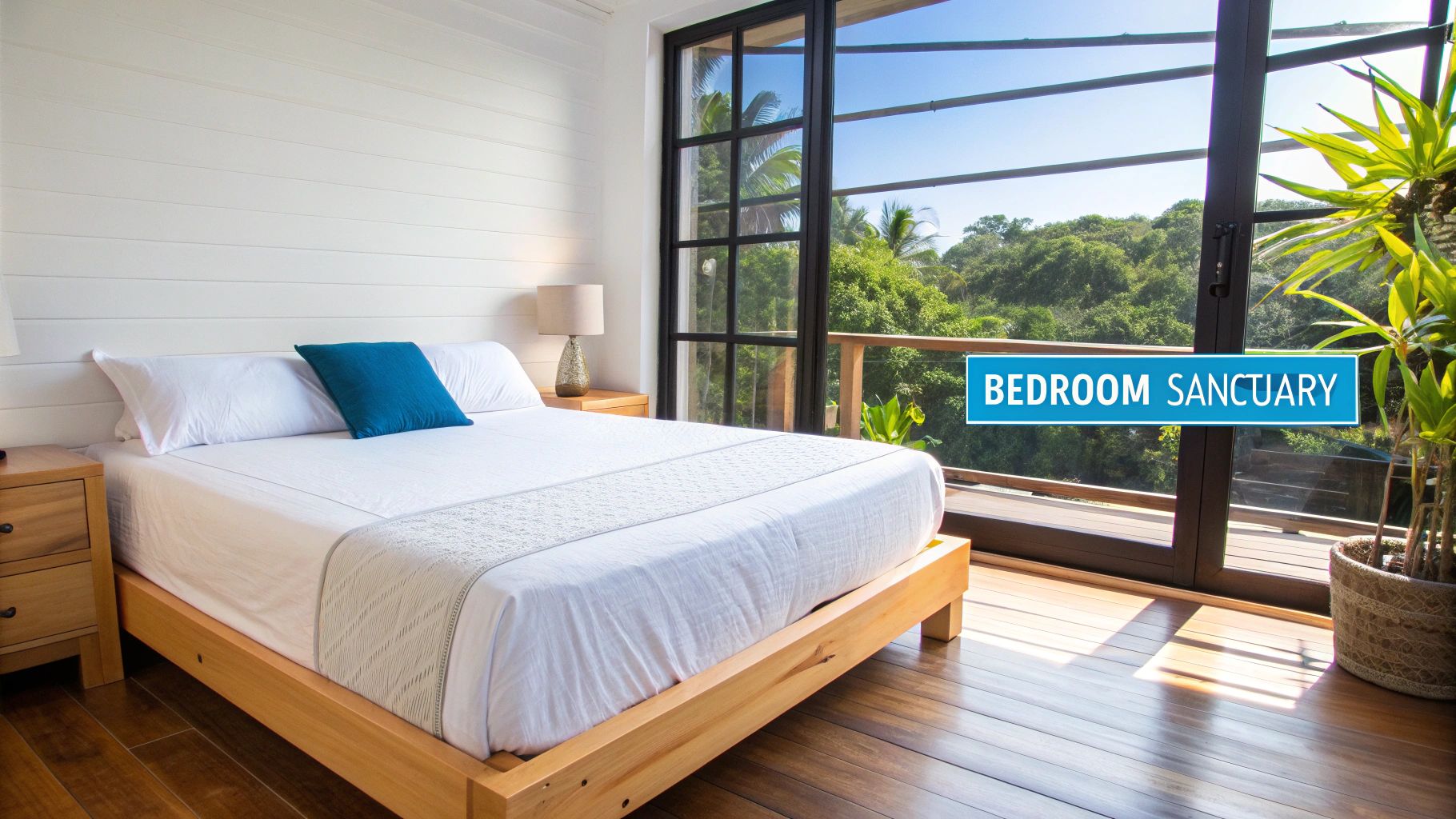 A cozy bedroom sanctuary with a bed, white sheets, and a large window offering a tropical forest view.