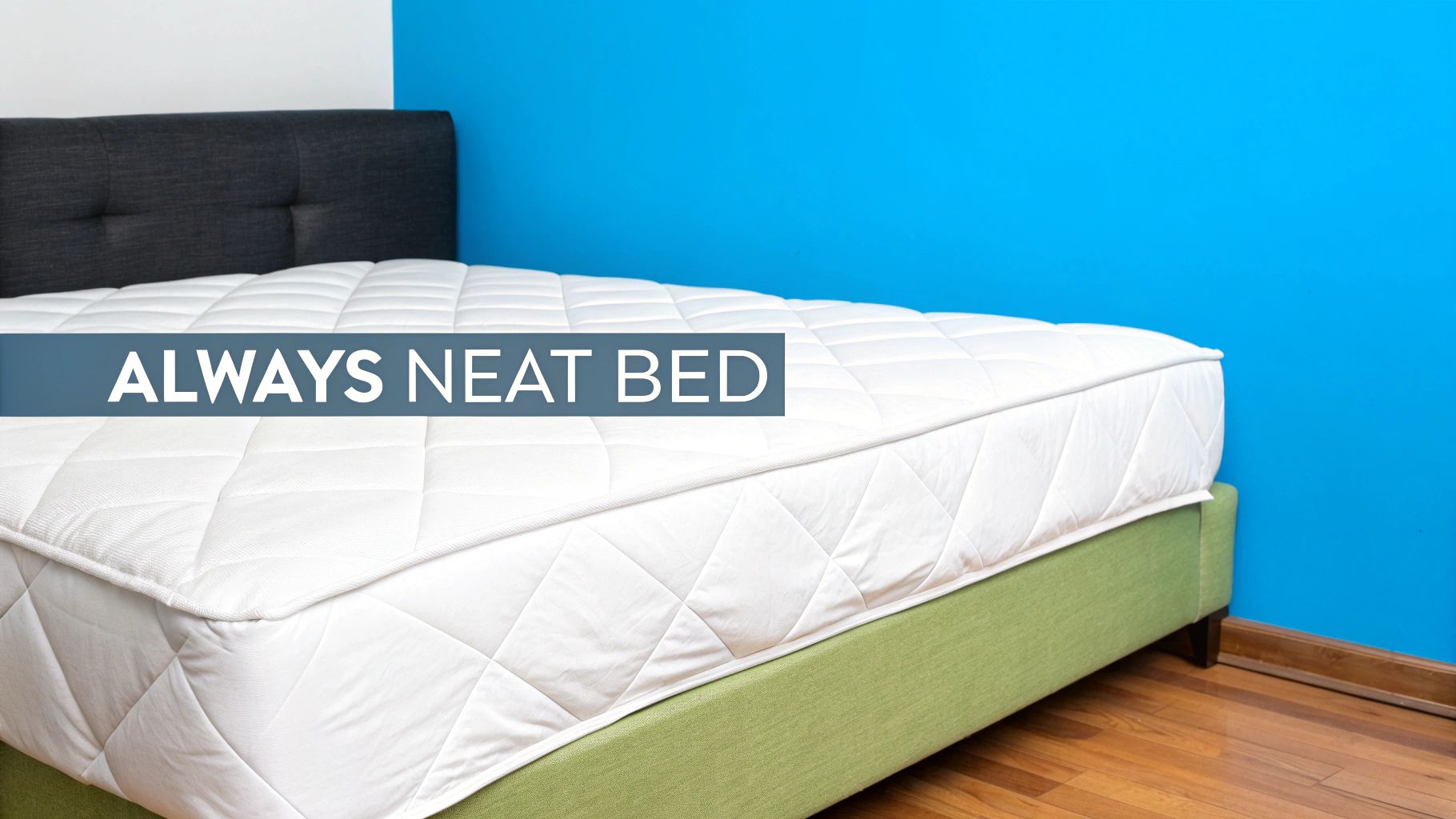 A neatly made bed with a a white quilted mattress topper, dark headboard, and green base against a blue wall.