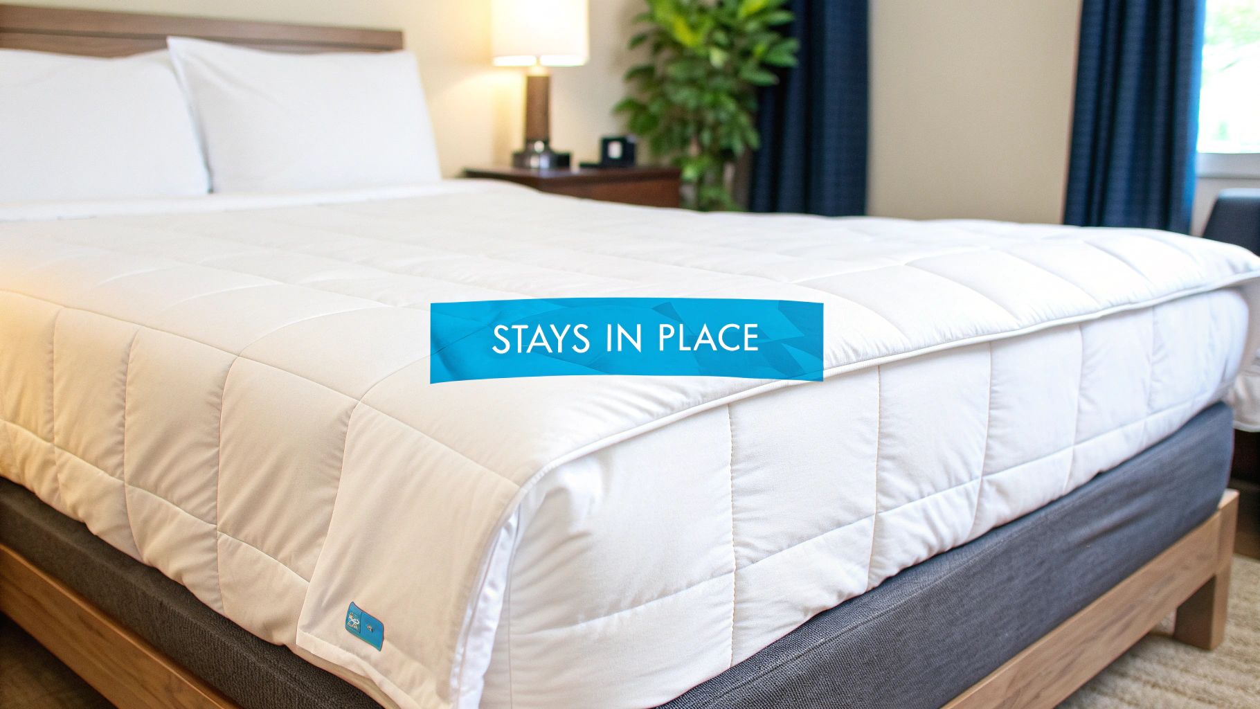 A white quilted comforter with a "STAYS IN PLACE" label on a modern wooden bed frame.