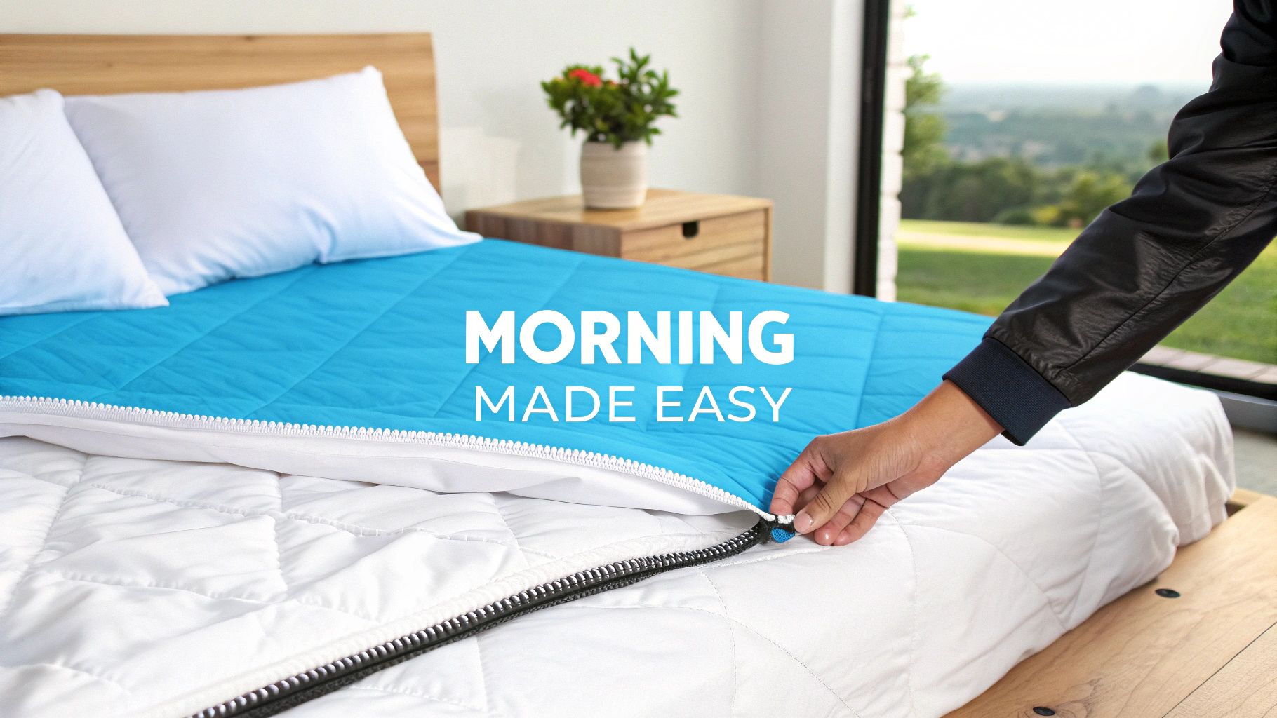 A person's hand zipping a blue comforter onto a white bed base, with "Morning Made Easy" text.