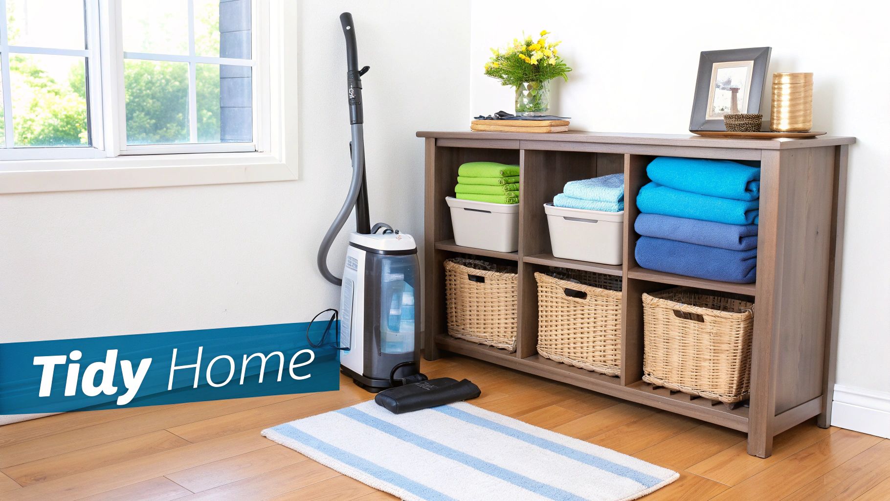 A clean and organized room with a wooden storage unit filled with towels and baskets, a carpet cleaner, and decorative items.