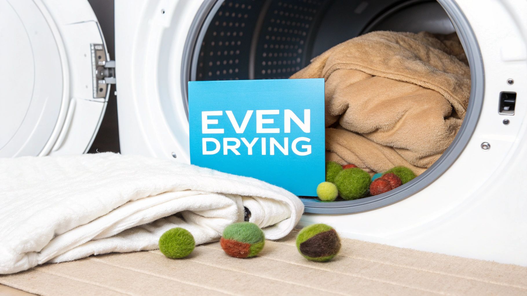 An open dryer drum filled with a blanket and wool dryer balls, with an 'EVEN DRYING' sign.