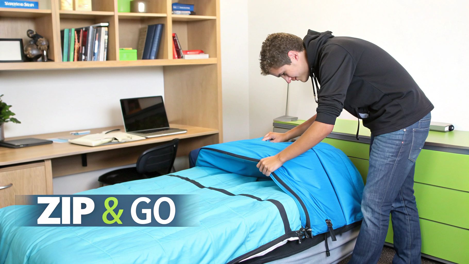 A young man zips up a bright blue zip-up bedding set on a bed in a college dorm room.