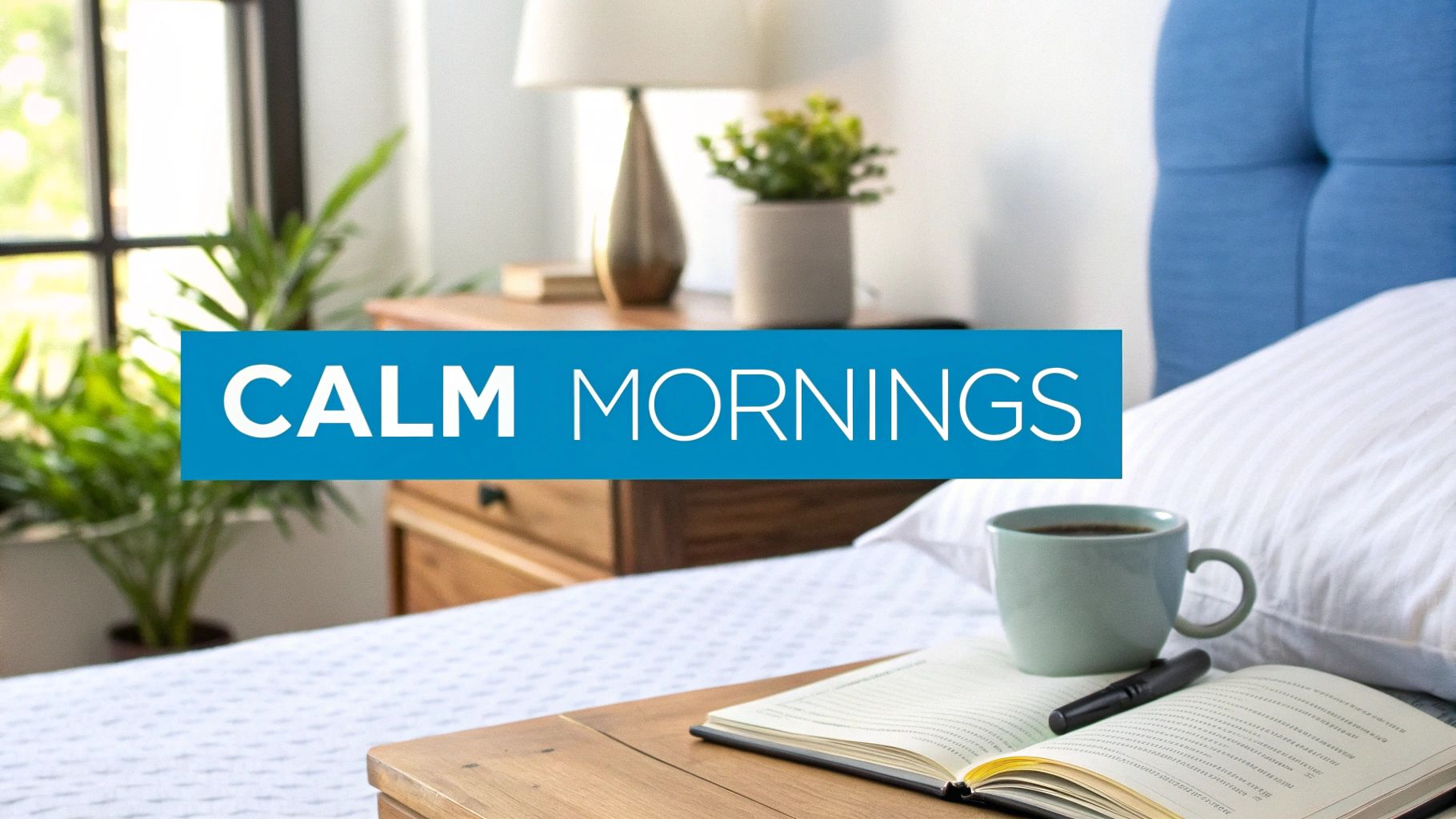 A peaceful bedroom scene with a bed, bedside table, a cup of coffee, and an open book.