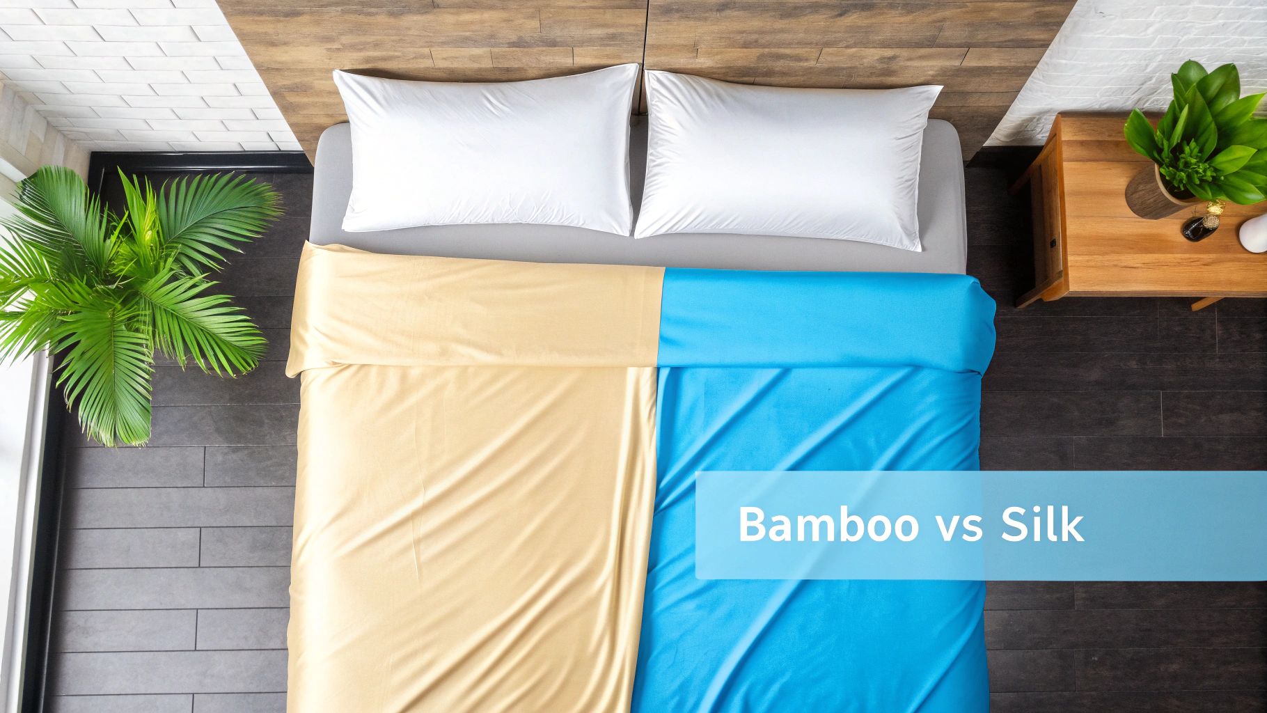 Overhead view of a bed with golden and blue sheets, comparing Bamboo vs Silk bedding materials.