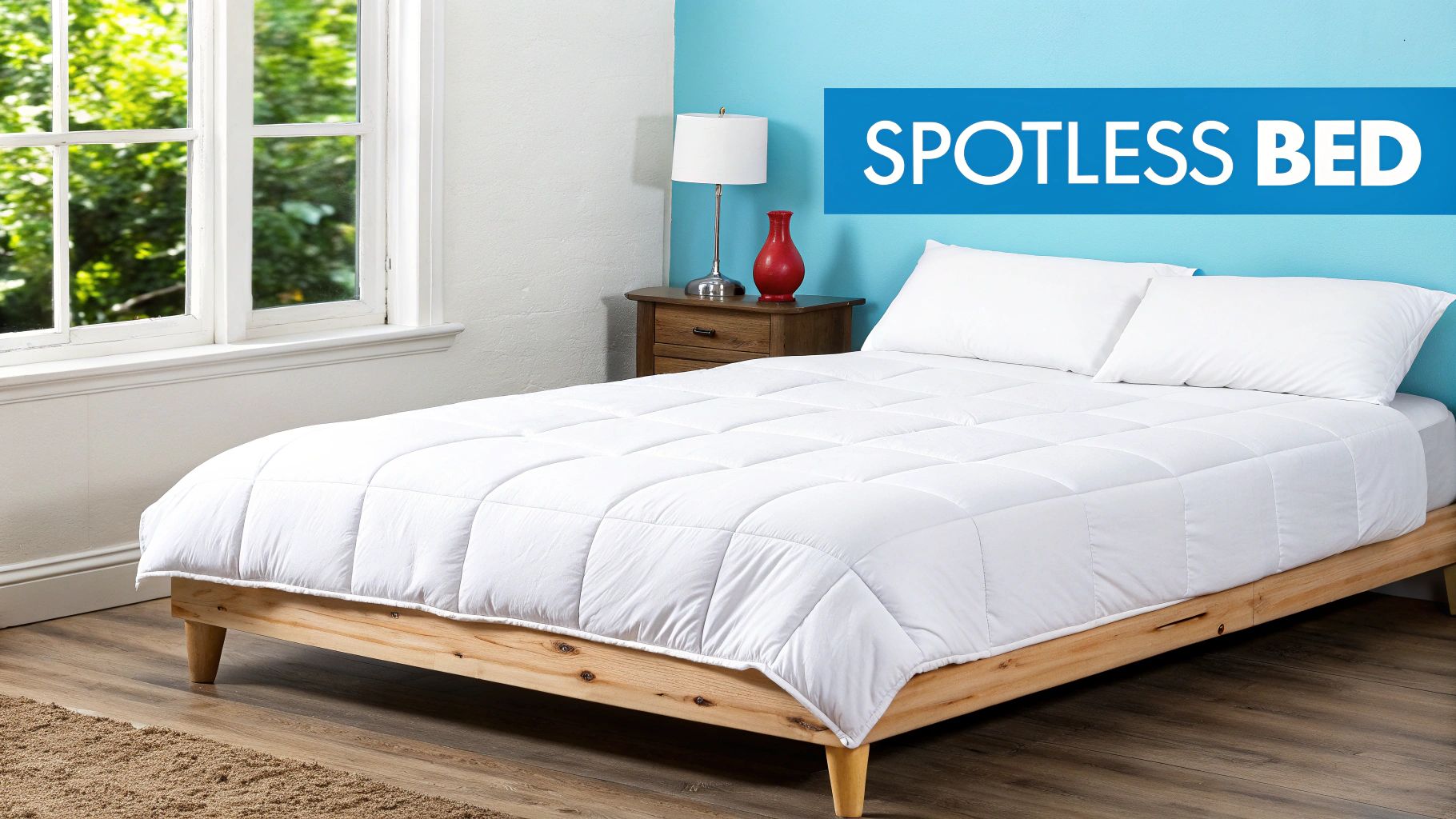 A neatly made white bed with a quilt and two pillows in a bright room with a blue wall.