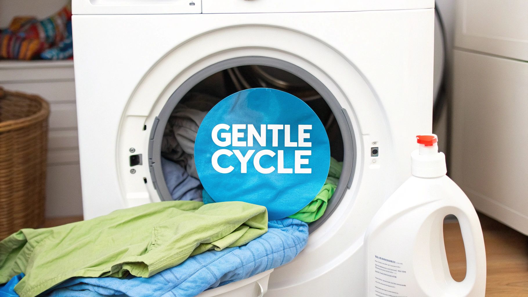 A front-loading washing machine with clothes, a "Gentle Cycle" sticker, and laundry detergent.