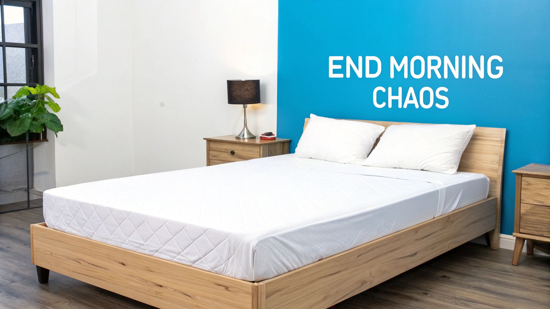 A bright bedroom with a bed, two nightstands, and a blue wall with the text 'END MORNING CHAOS'.