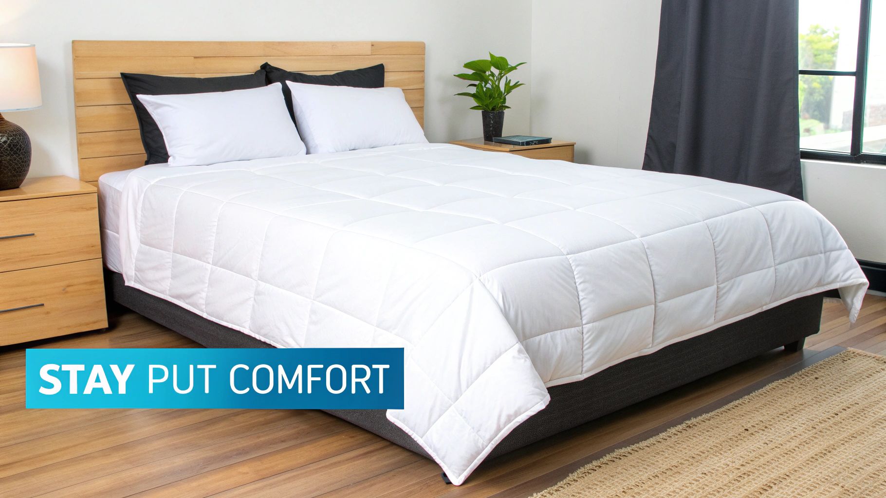 A bright white quilted mattress topper on a bed with a wooden headboard, black pillows, and wooden nightstands.