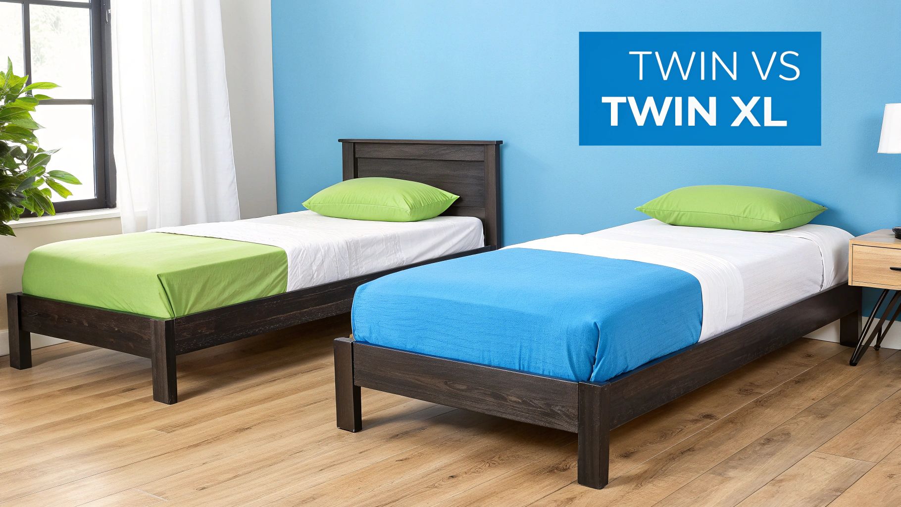 Two beds, one twin and one twin XL, in a bedroom with green and blue bedding, illustrating size differences.