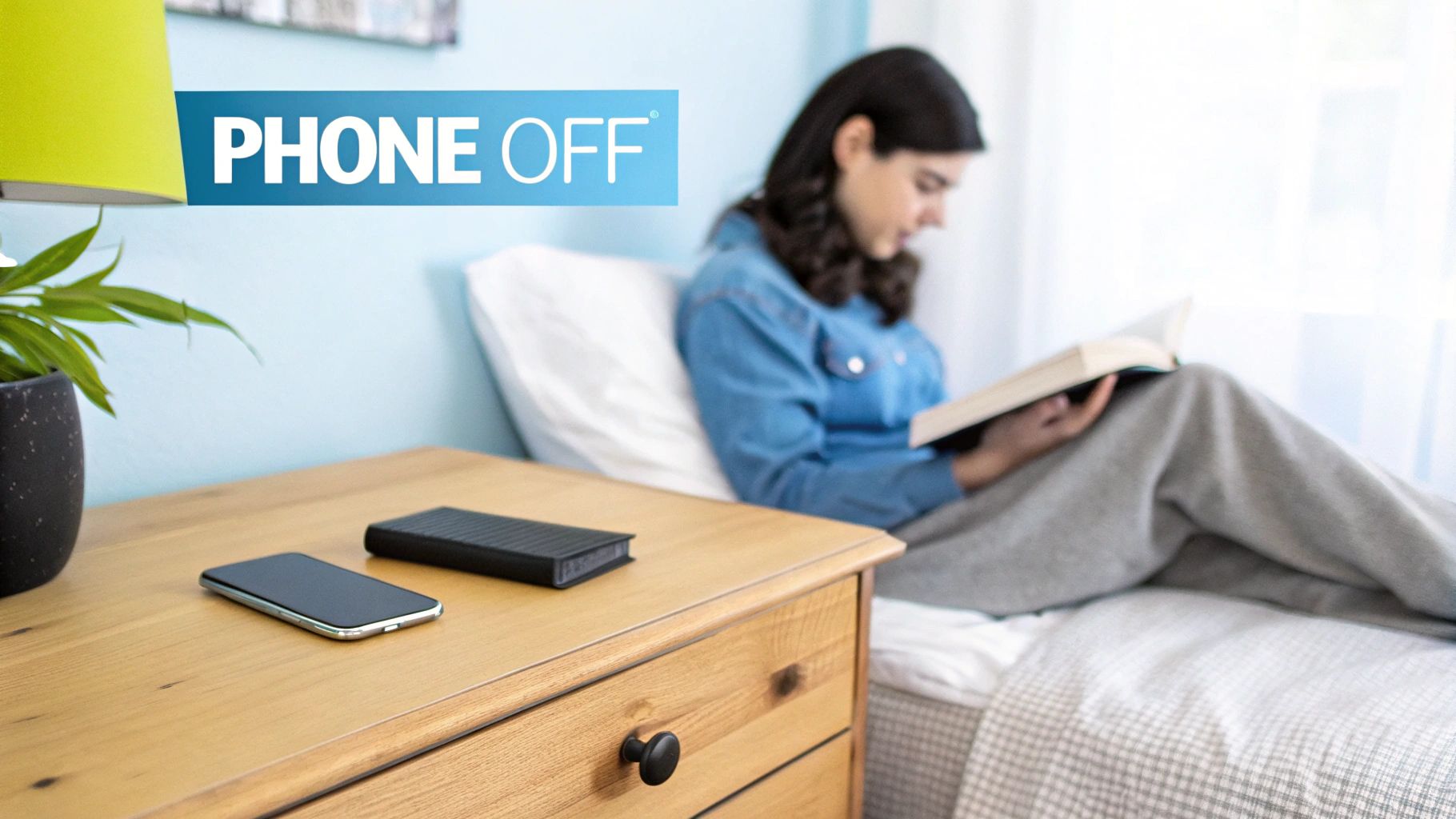 A person reads a book in bed, with their phone off on the nightstand.