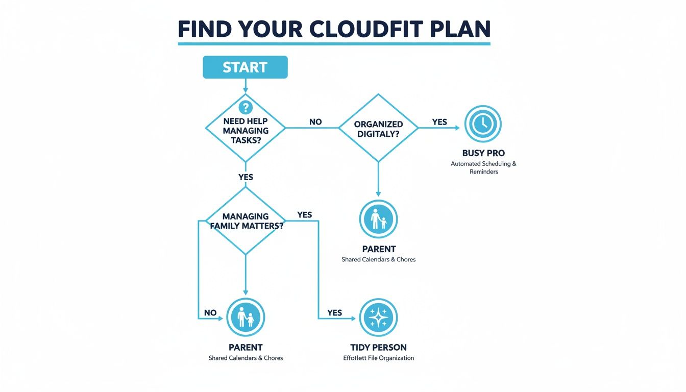 Cloudfit plan flowchart guiding users to Busy Pro, Parent, or Tidy Person based on lifestyle questions.