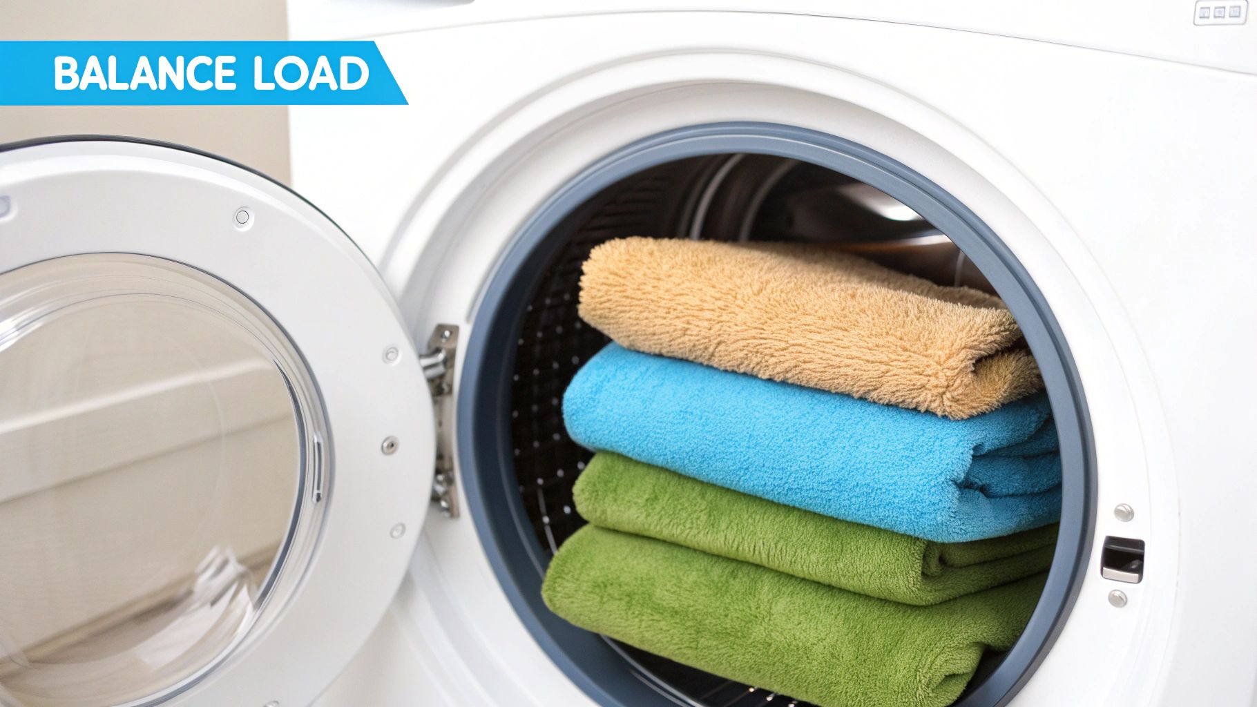A front-load washing machine with its door open, showing a neat stack of colorful towels inside the drum. The text 'BALANCE LOAD' is visible.