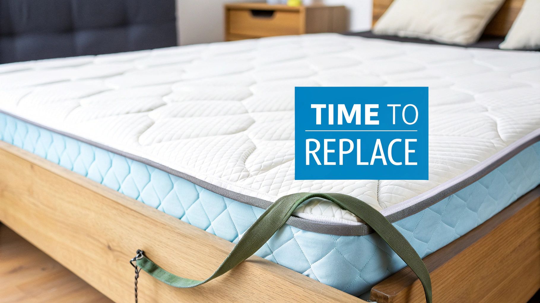 White and blue quilted mattress on a wooden bed frame with a 'TIME TO REPLACE' graphic.