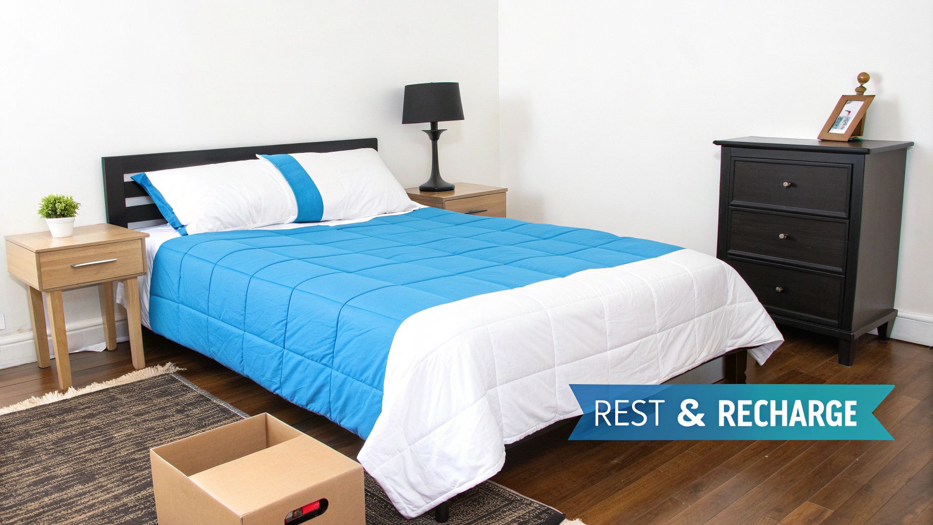 A cozy bedroom featuring a bed with blue and white bedding, two nightstands, and a dresser.
