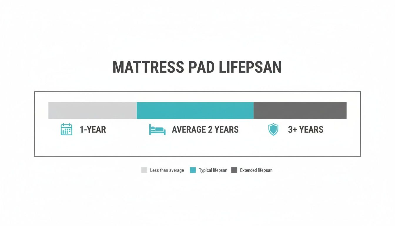Infographic showing mattress pad lifespan: 1-year (less than average), average 2 years, and 3+ years (extended).