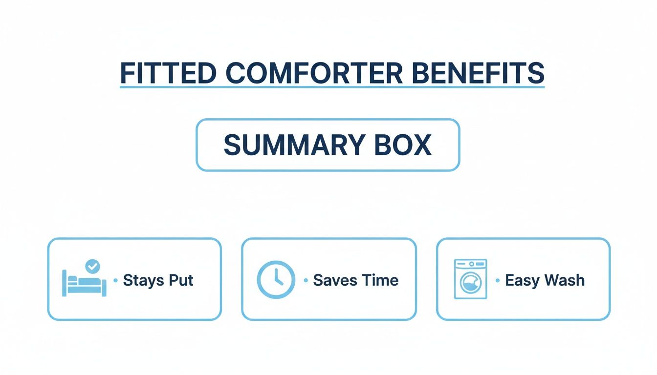 An infographic illustrating three key benefits of fitted comforters: stays put, saves time, and easy wash.