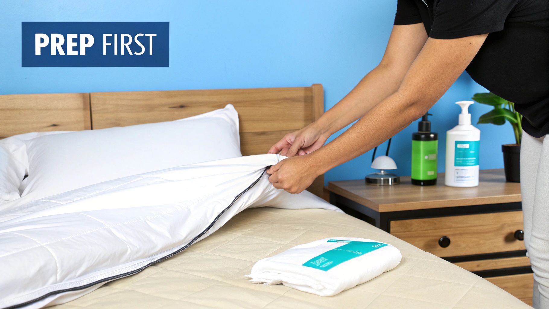A person's hands are unzipping a white duvet cover on a bed, preparing it for use.