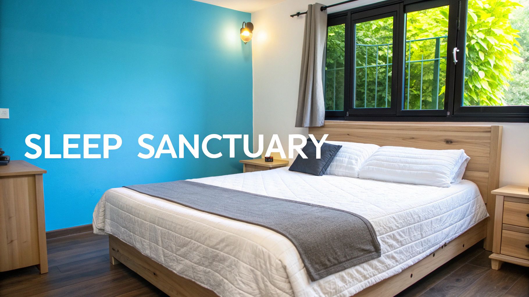 A serene bedroom featuring a bright blue accent wall, a wooden bed, white bedding, and a large window overlooking lush greenery, with text “SLEEP SANCTUARY”.