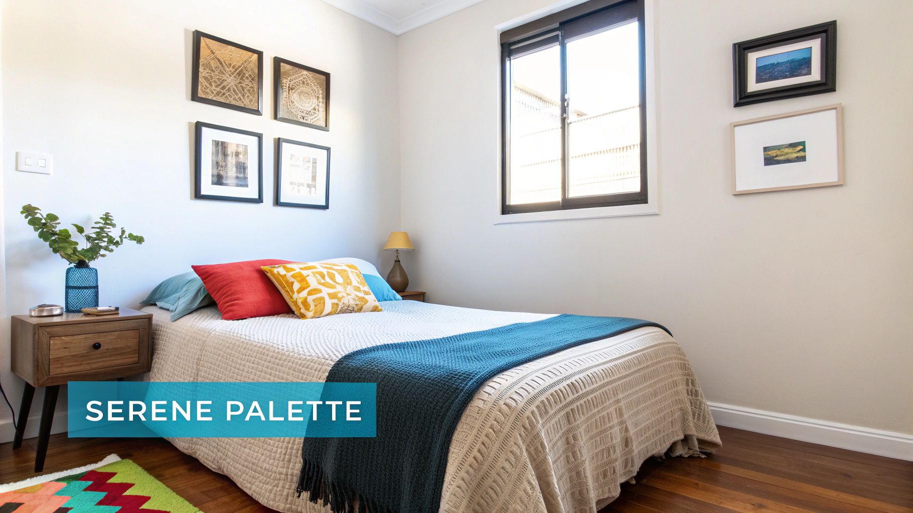 A serene bedroom with a bed, blue and red pillows, a wooden nightstand, and framed artwork.