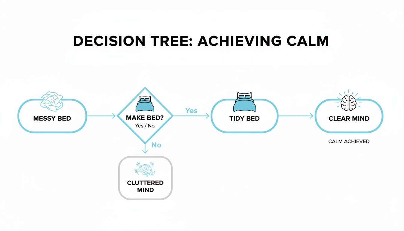 A decision tree flowchart showing how making your bed can lead to a clear and calm mind.