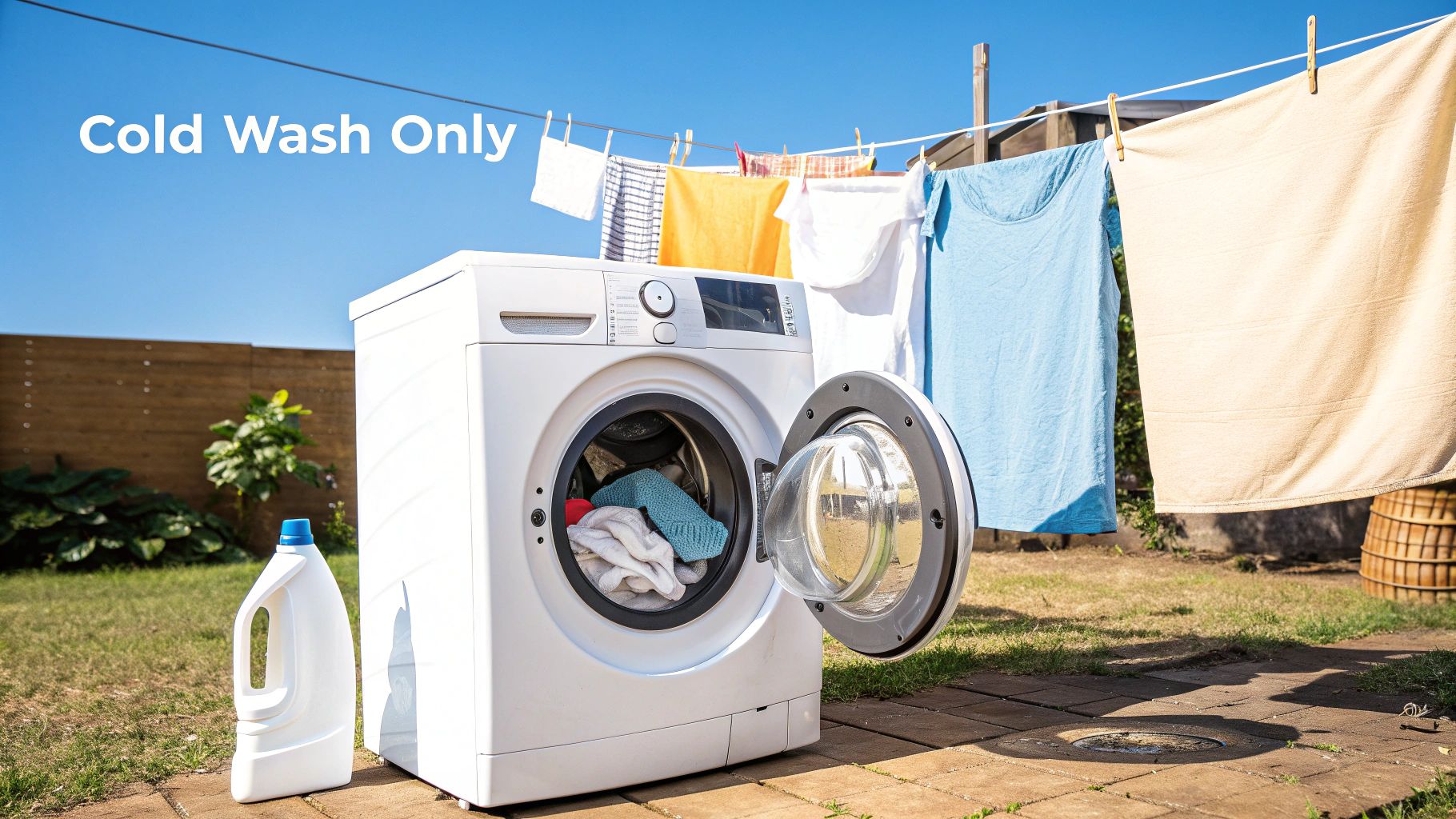 An outdoor scene featuring a washing machine, detergent bottle, and clothes drying on a line under a blue sky, with the text 'Cold Wash Only'.