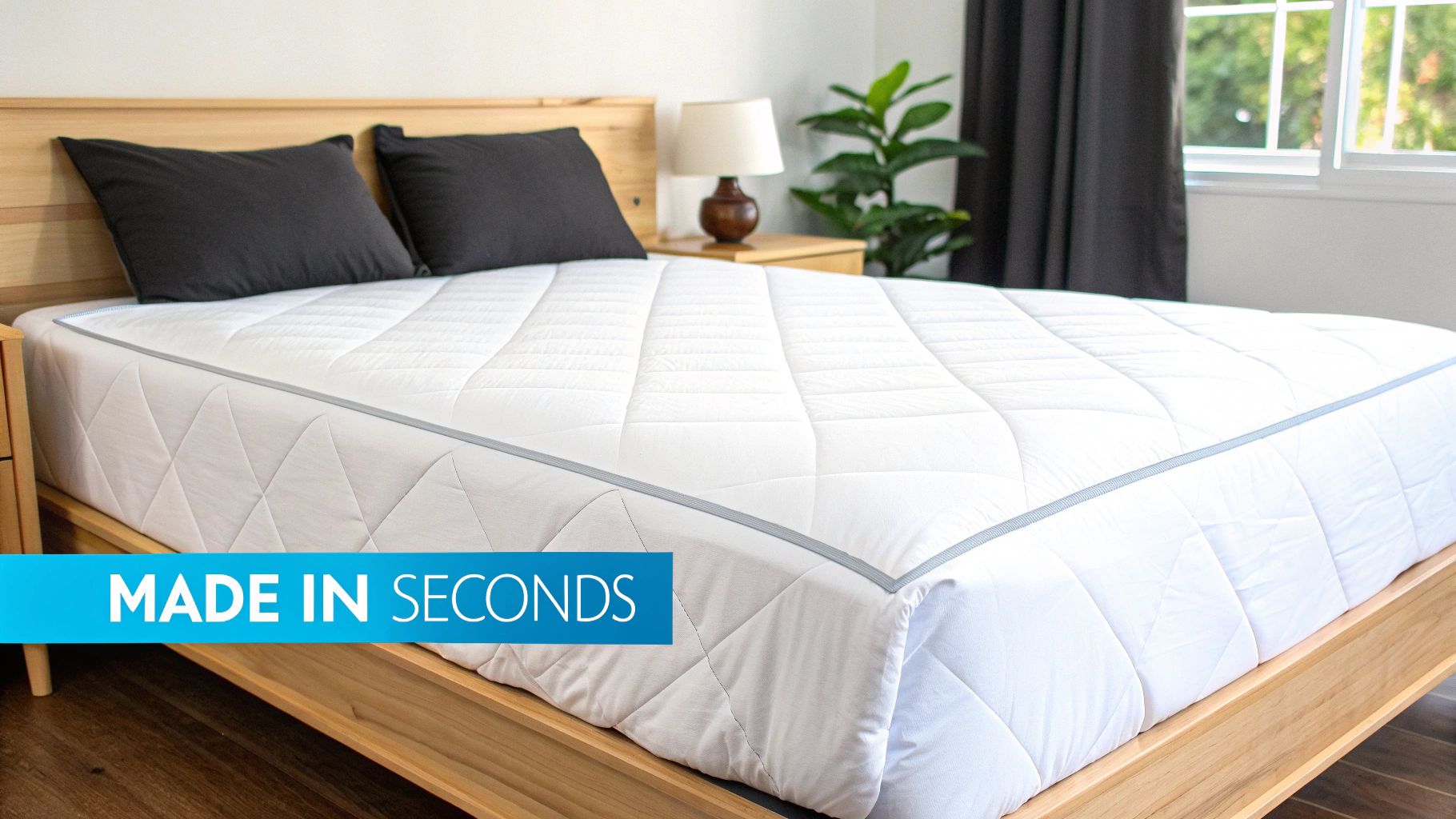 A white quilted mattress protector on a wooden bed frame in a bright bedroom.