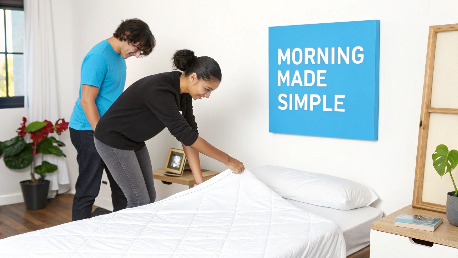 A man and a woman making a twin bed with white quilted bedding.