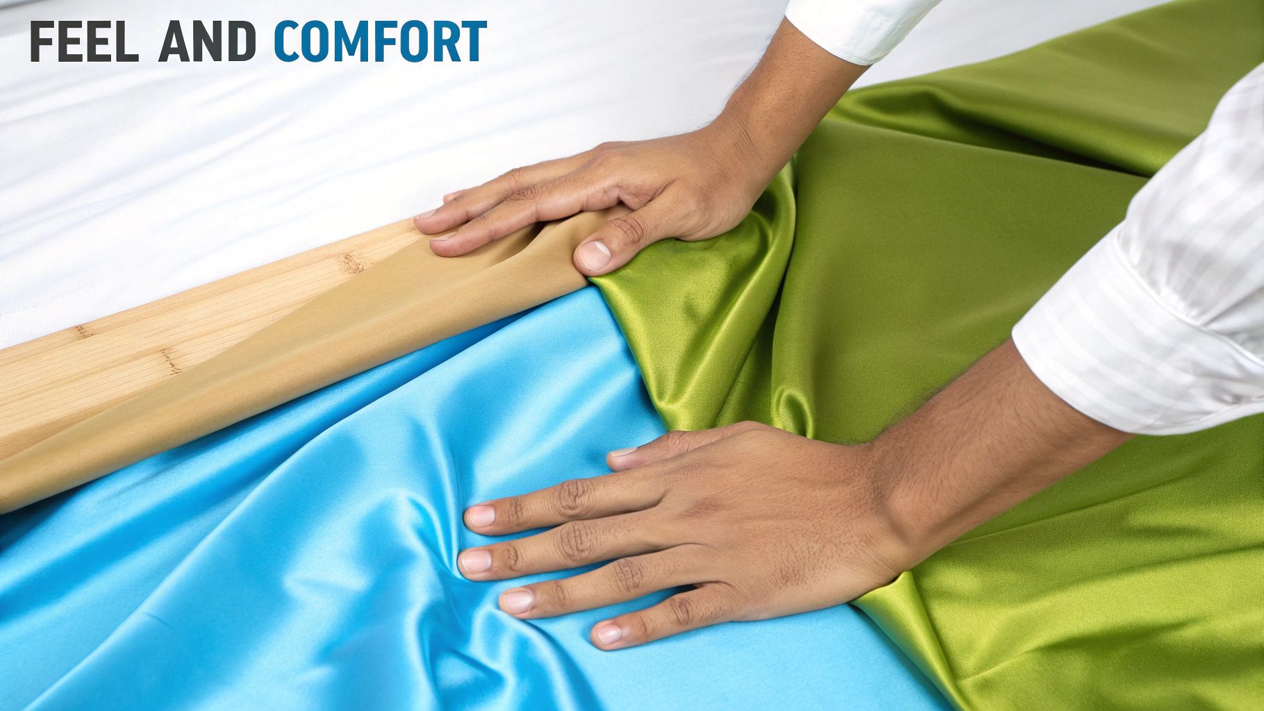 Hands feeling and comparing the smooth textures of different fabrics, including bamboo, silk, and other materials.