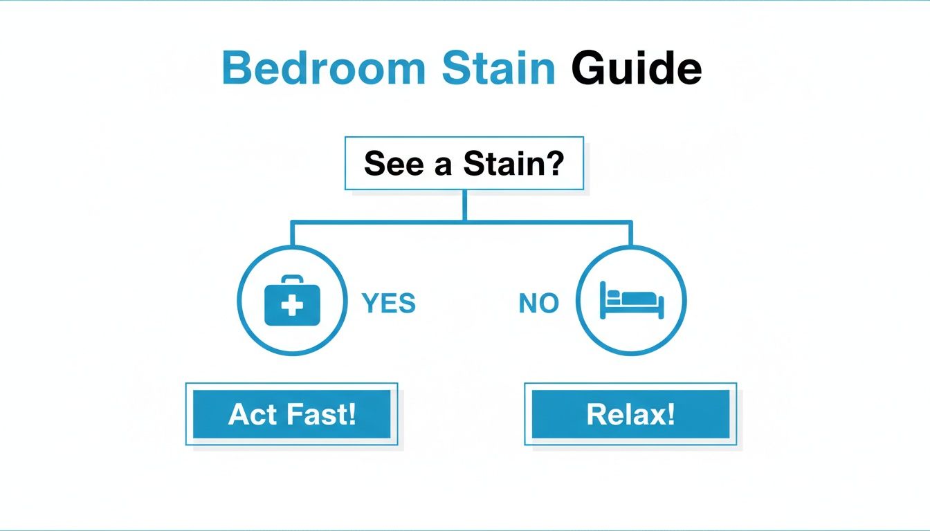 A simple bedroom stain guide flowchart advises to act fast if a stain is seen, or relax if not.