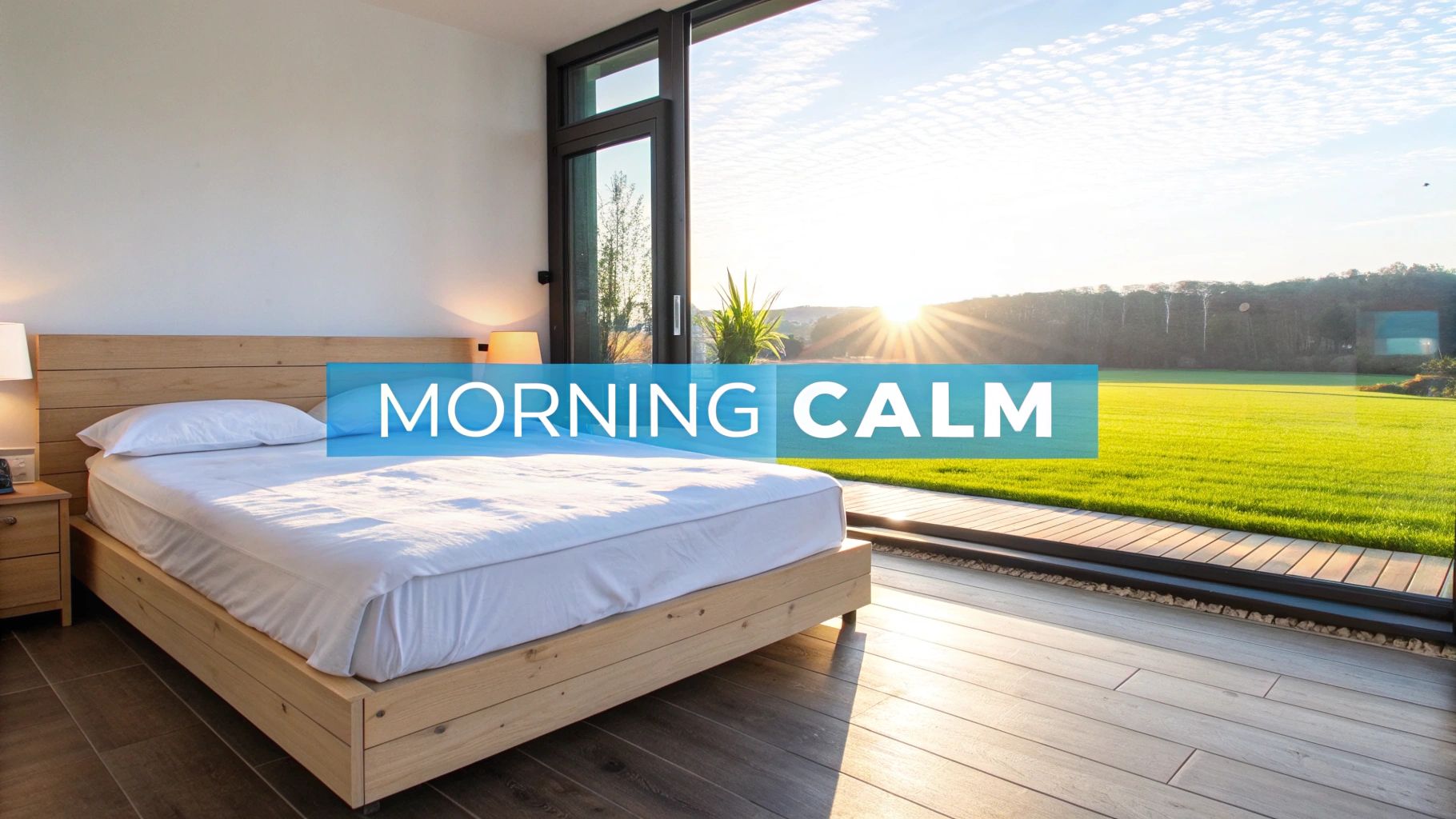 A tranquil bedroom featuring a wooden bed, white sheets, and a window opening to a sunlit green field.