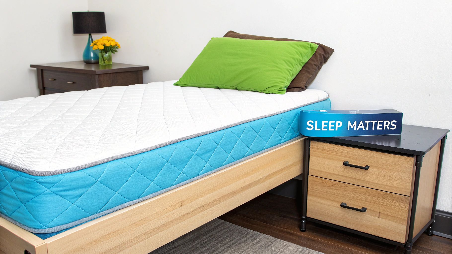 A bright blue and white mattress on a wooden bed frame, with pillows and nightstands.